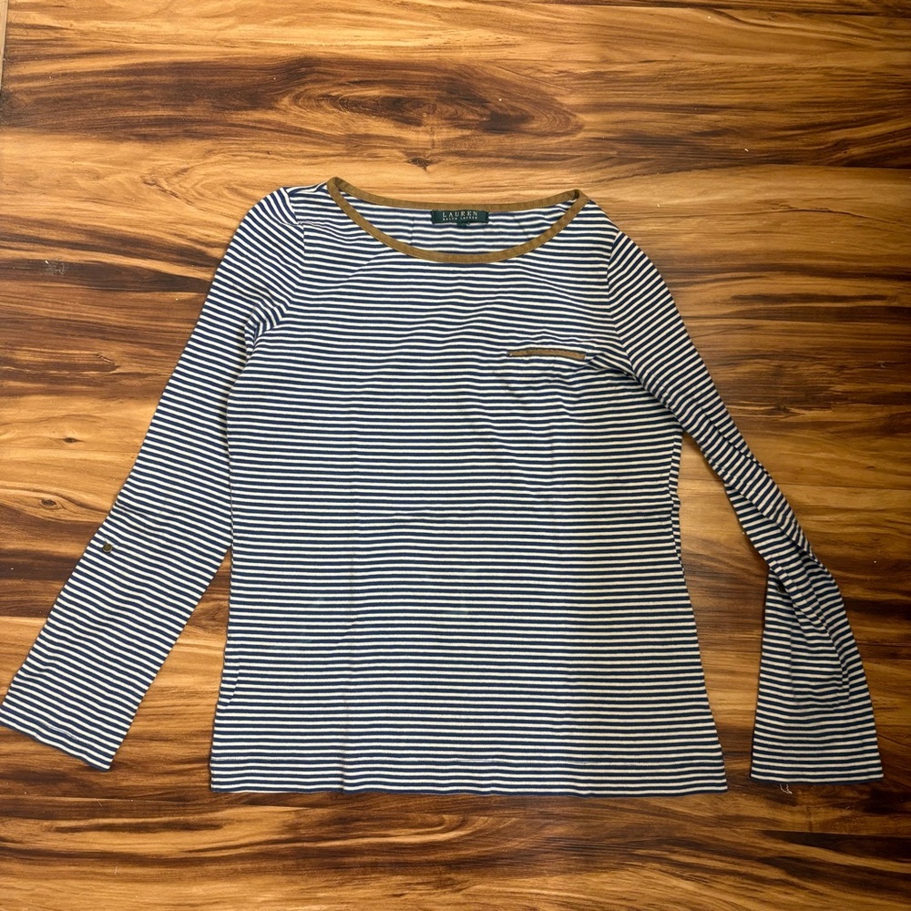 Ralph Lauren Blue and White Striped Long Sleeve Top with Suede Collar